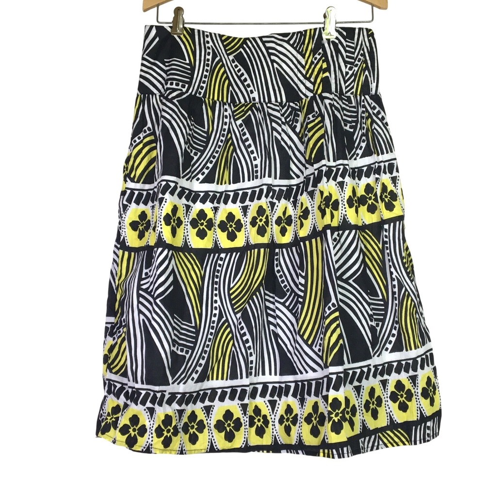 Hanna & Gracie Geometric Floral Print Cotton A-Line Skirt 8 Black White Yellow